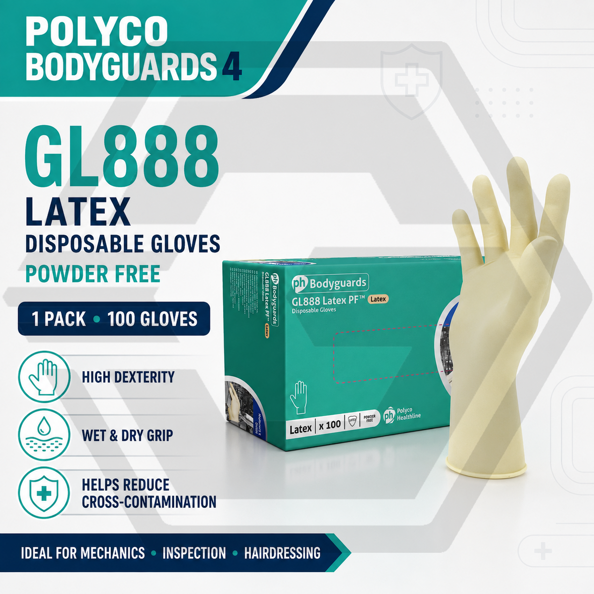 POLYCO Bodyguards 4 Latex Powder Free GL888 Disposable Gloves MEDIUM Box of 100