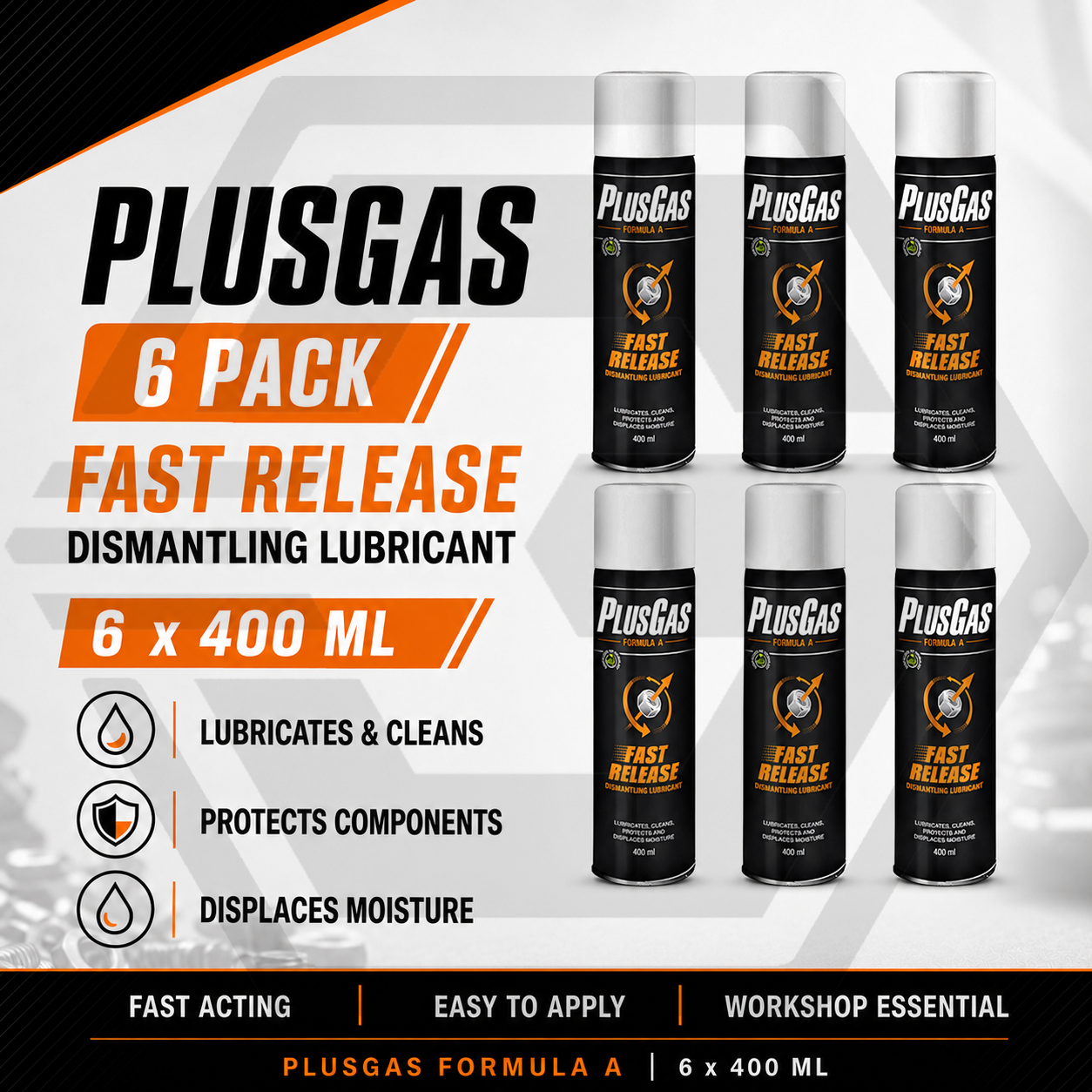 6 x PLUS GAS Fast Release 400ML - Dismantling Oil Lubricant Penetrating Fluid