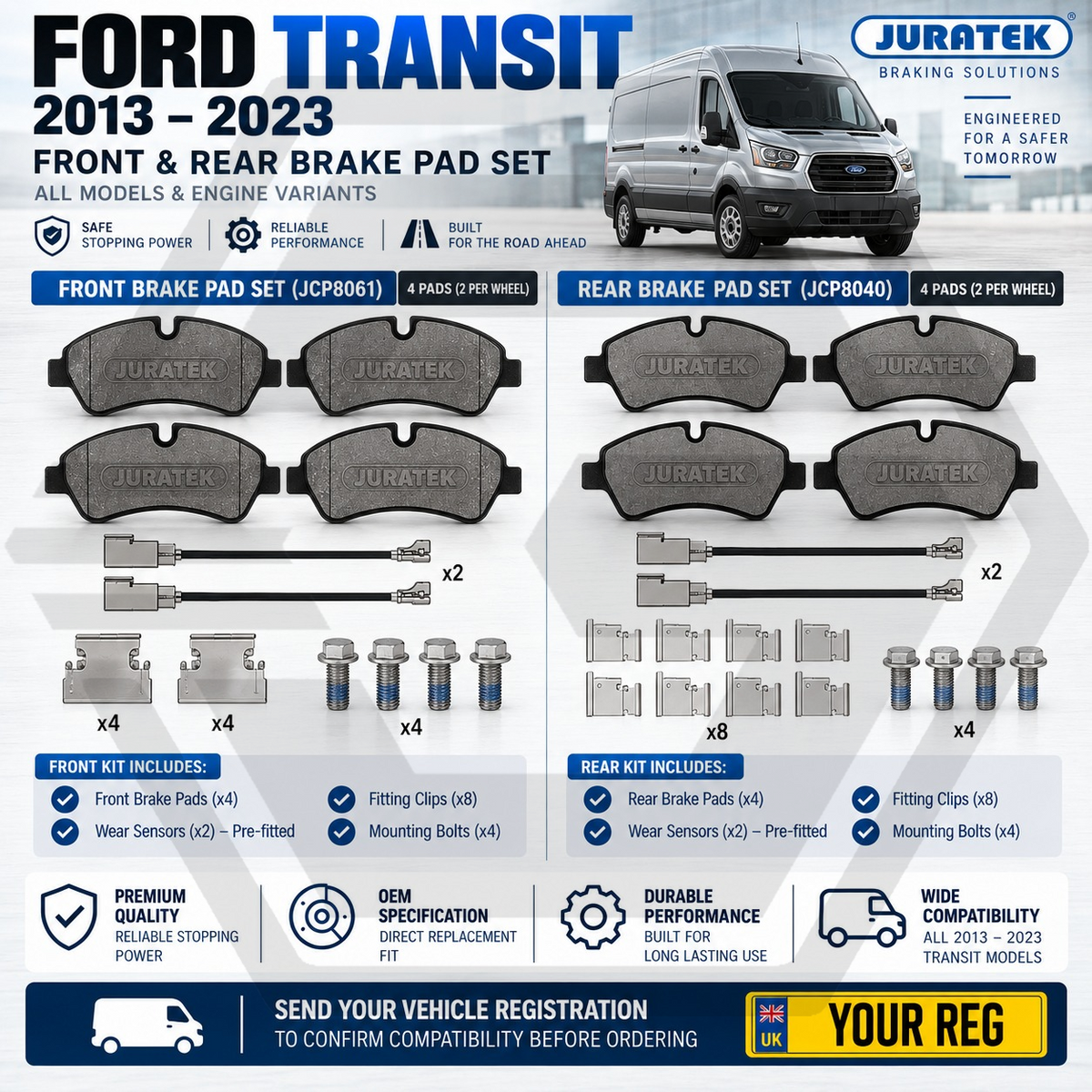FORD TRANSIT 2.0 ECOBLUE 2013-2023 - FRONT & REAR BRAKE PADS + SENSORS KIT