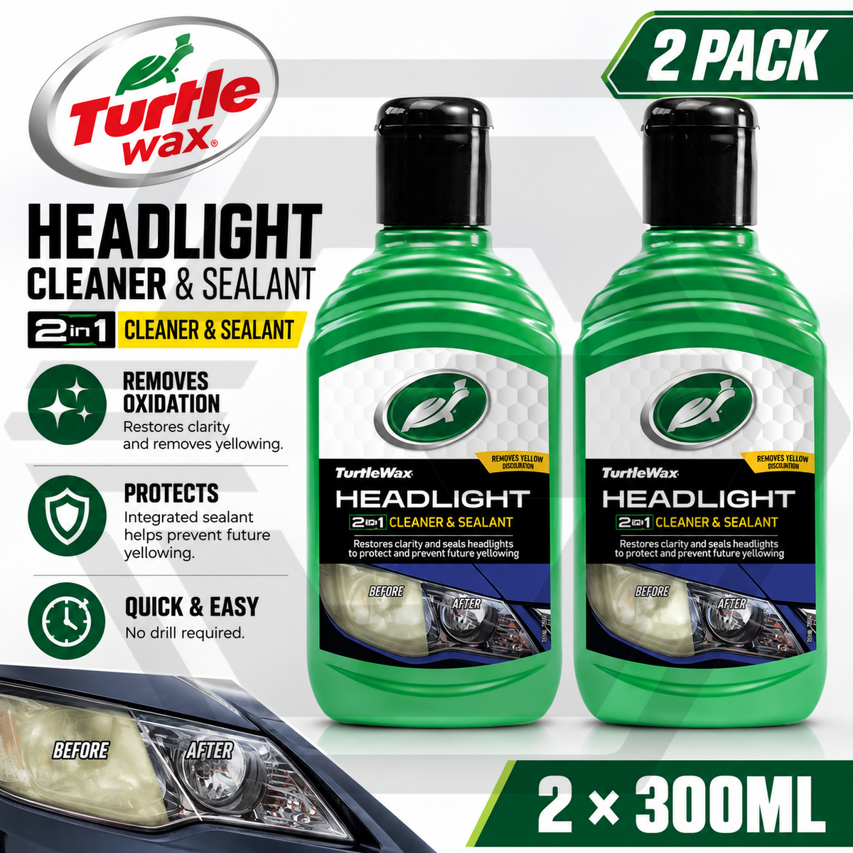 2 x Turtle Wax Headlight Restorer And Sealant Liquid 300ml - Improve Brightness
