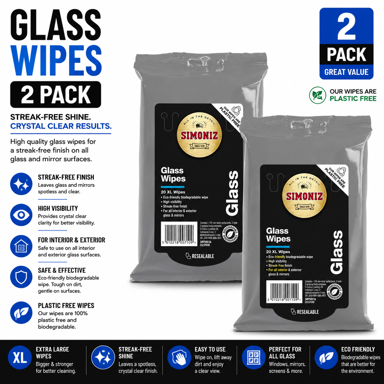 2x Simoniz Anti-Glare Streak Free Car Window Windscreen Glass Wipes - Pack of 20