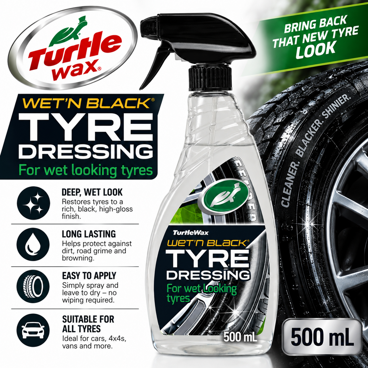 Turtle Wax Wet n Black Car Tyre Dressing Deep Black Wet Looking Tyre 500ml Spray