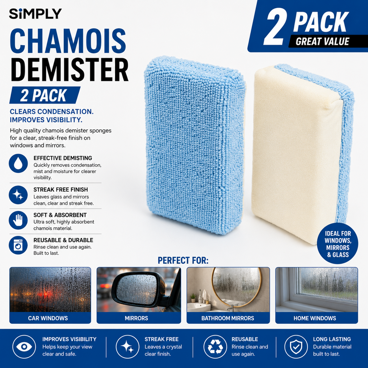 Twin Pack Car Windscreen Demister Pads 2-in-1 Chamois & Microfibre Reusable