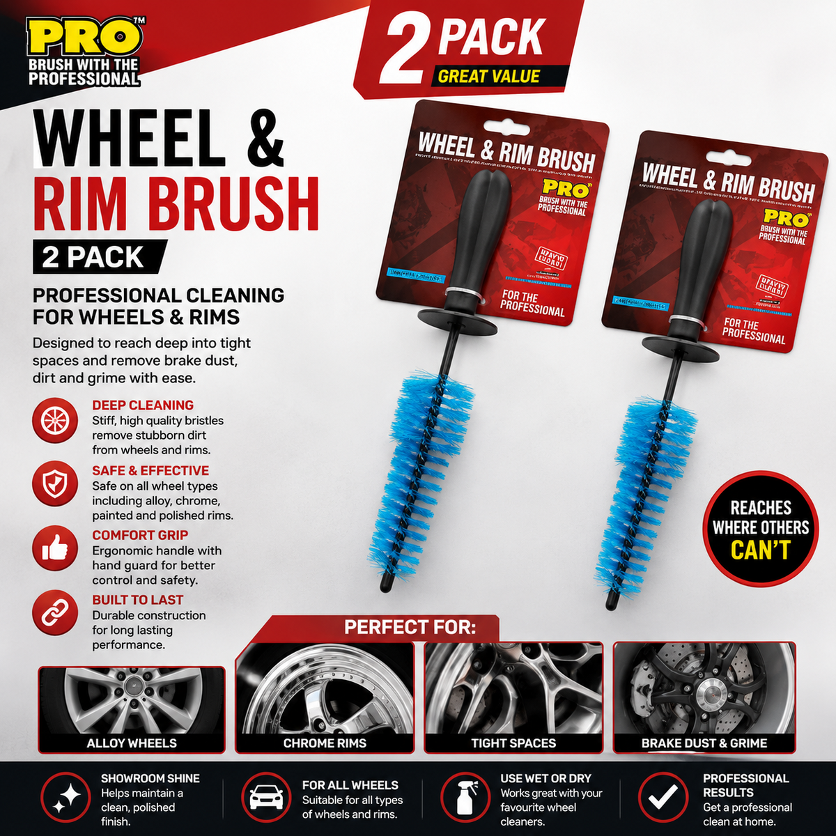 2x SUPERIOR CONICAL ALLOY WHEEL BRUSH - EXTRA LONG - SOFTER BRISTLES - DETAILING
