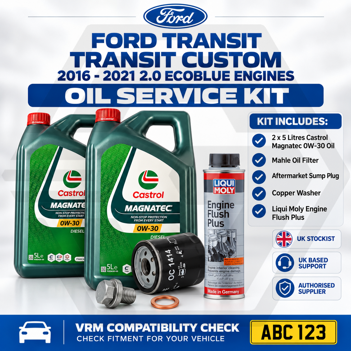 FORD TRANSIT 2016-2021 2.0L ECOBLUE Mahle Oil Service Kit + Castrol 0W30 + Flush