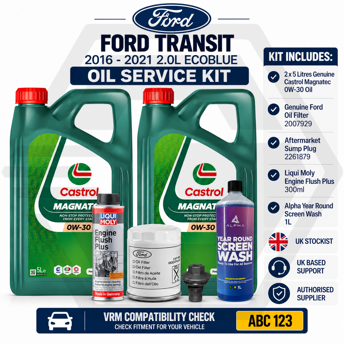 GENUINE FORD TRANSIT 2.0 ECOBLUE 2016-2021 Complete Oil Service Kit+Castrol 0W30