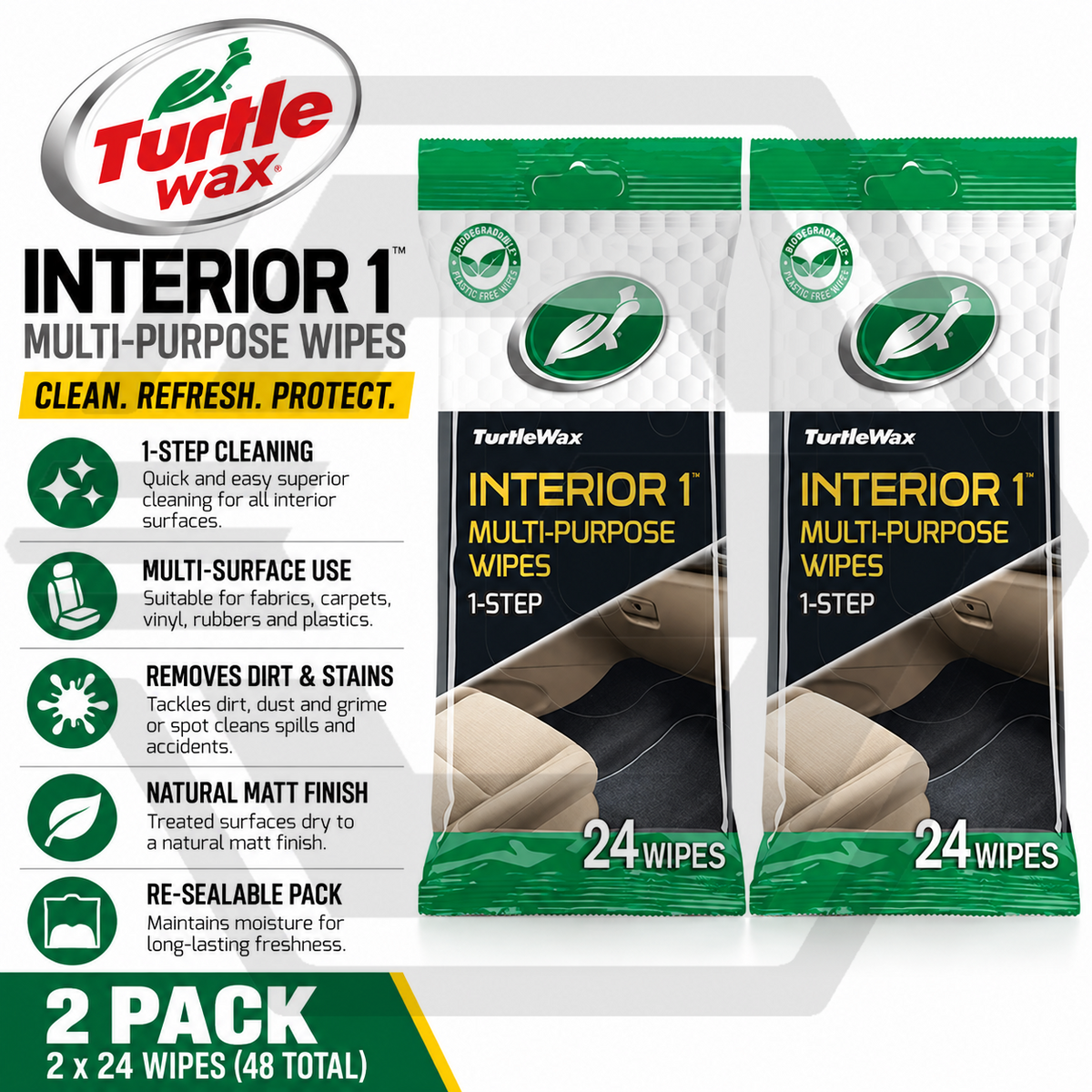 2 x Turtle Wax Interior Multi-Purpose Wipes - Fabrics, Carpets, Vinyl, Rubbers
