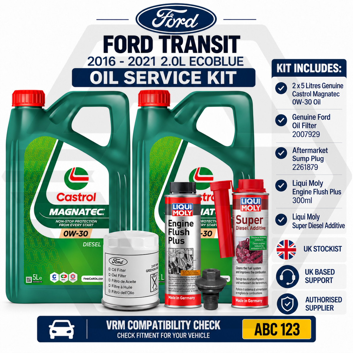 GENUINE FORD TRANSIT 2.0 ECOBLUE 2016-2021 Castrol 0W30 Service Kit + Additives