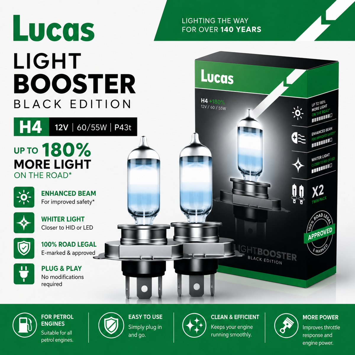 LUCAS H4 Bulbs LIGHTBOOSTER 180% Brighter Upgrade Headlight Headlamp 12v TWIN PK