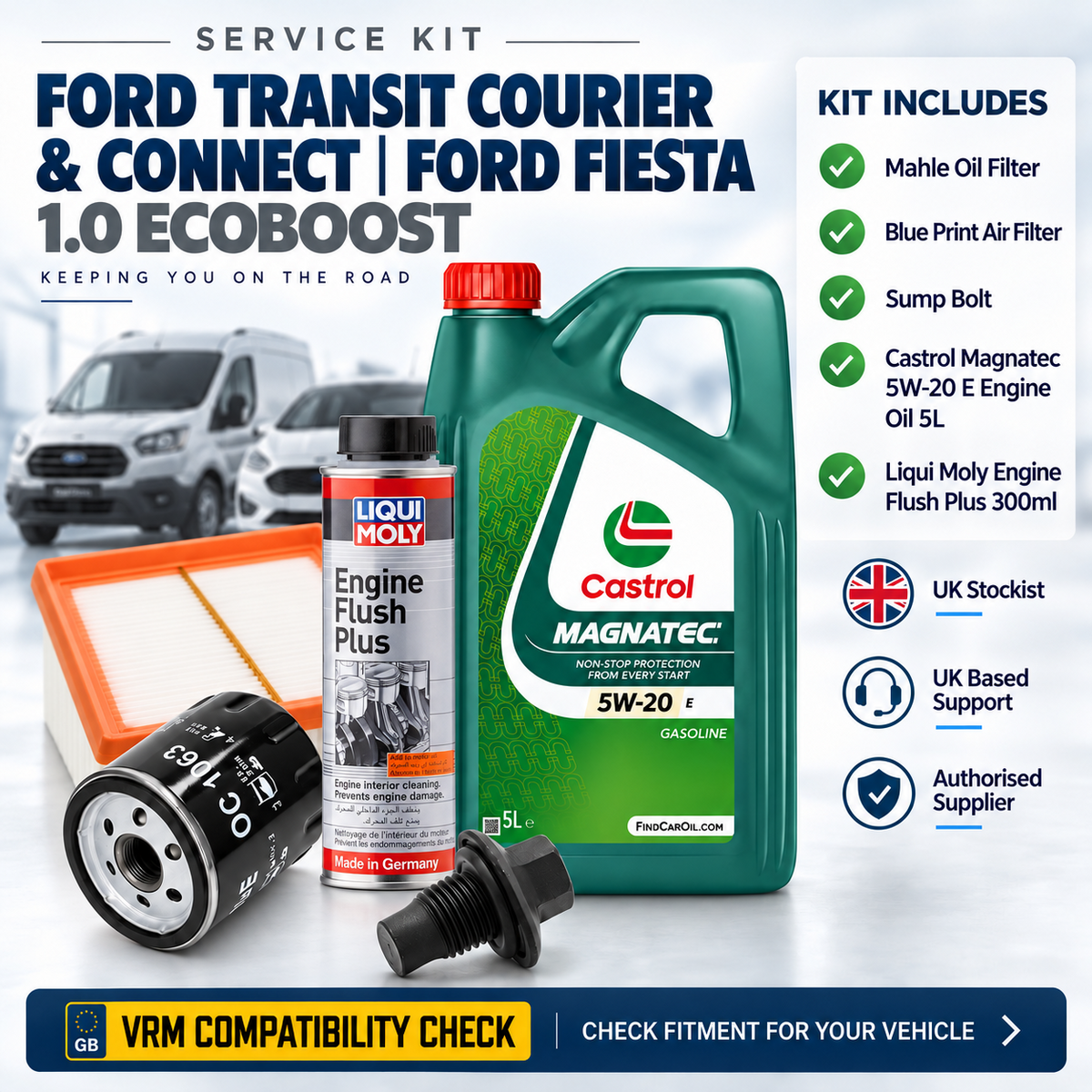 FORD FIESTA 1.0 ECOBOOST 2012-2023 OIL & AIR FILTER + CASTROL 5W20 E 5L + FLUSH