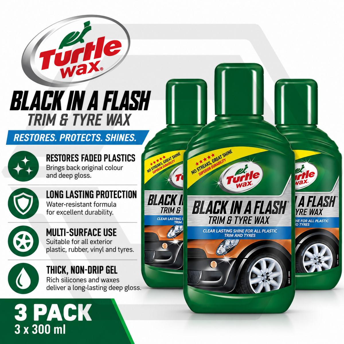 3 X Turtle Wax Black in a Flash Tyre Dressing Car Exterior Plastic Shine 300ml
