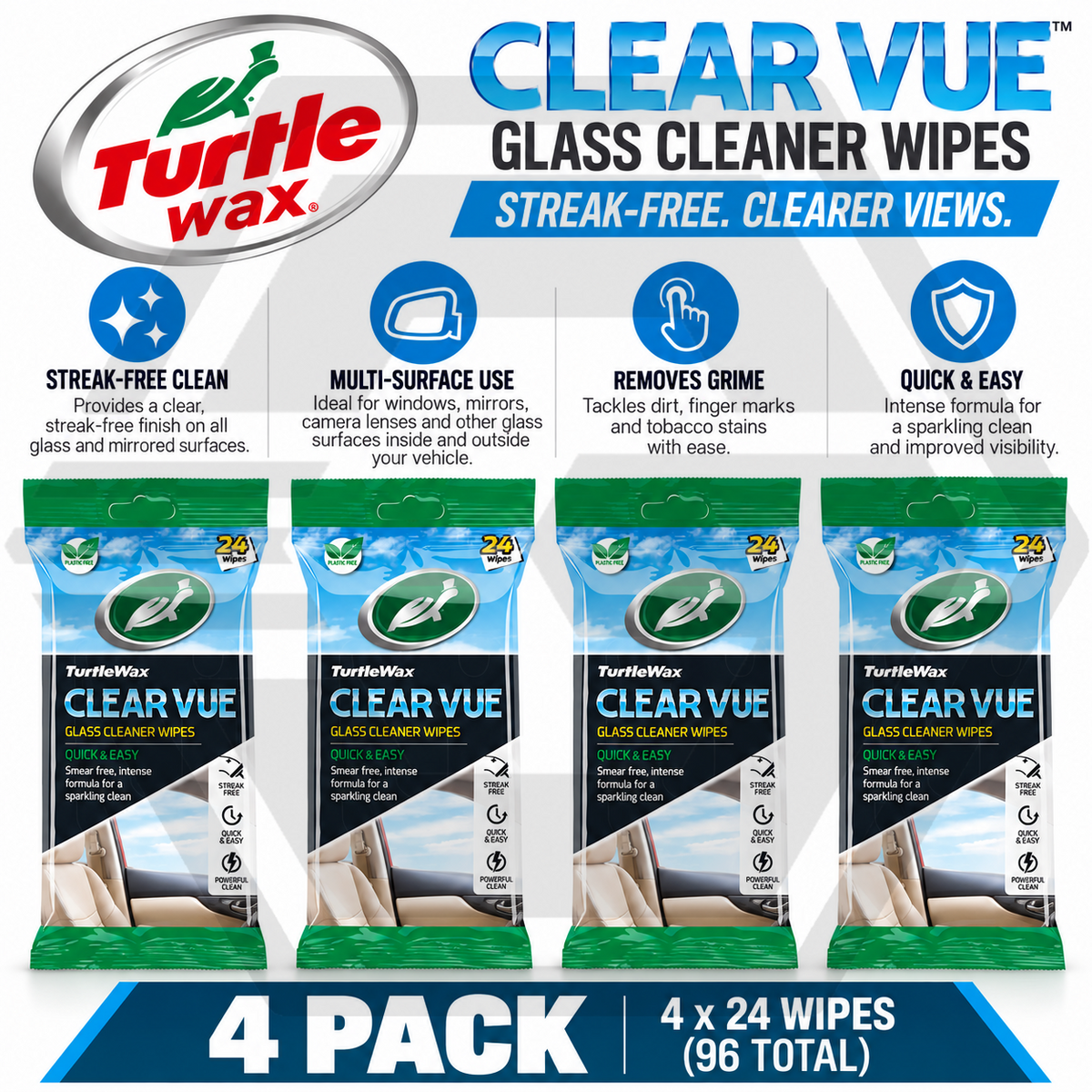 4 x Turtle Wax ClearVue Glass Cleaner Wipes Quick & Easy Streak Free Glass Wipes