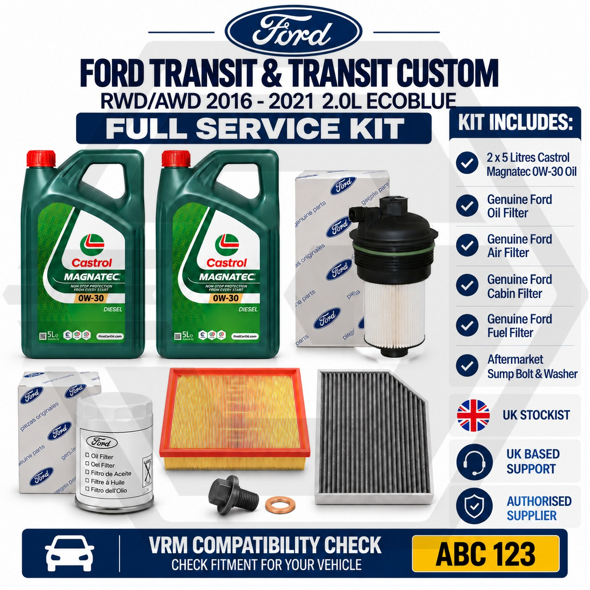 Genuine Ford TRANSIT FULL SERVICE KIT + CASTROL 0W30 OIL  2.0 EcoBlue RWD/AWD
