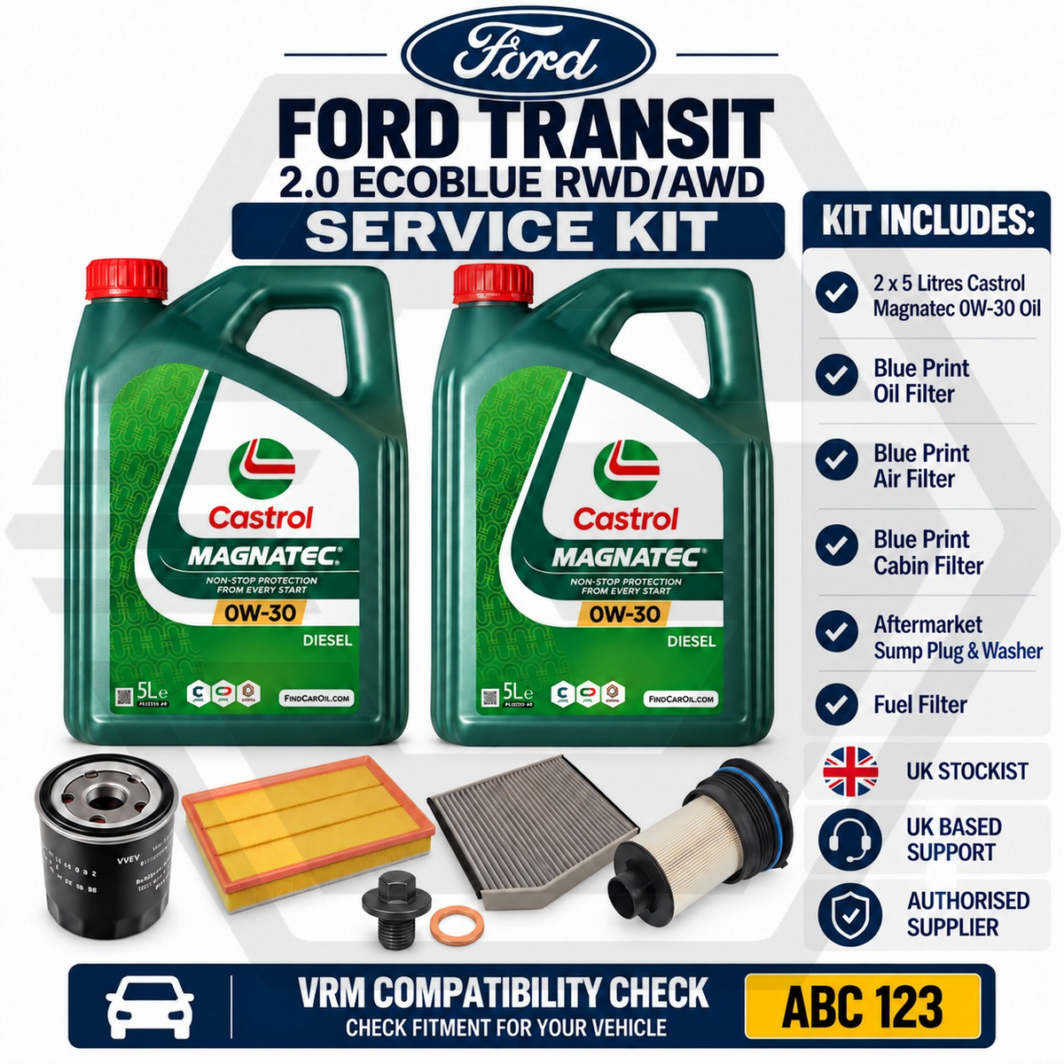 FORD TRANSIT 2016-2021 2.0L EcoBlue RWD/AWD SERVICE KIT+GENUINE CASTROL 0W30 10L