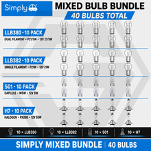 10 X EACH SIMPLY 380 - 382 - 501 - H7 BULBS ASSORTED - HEADLIGHT, SIDELIGHT