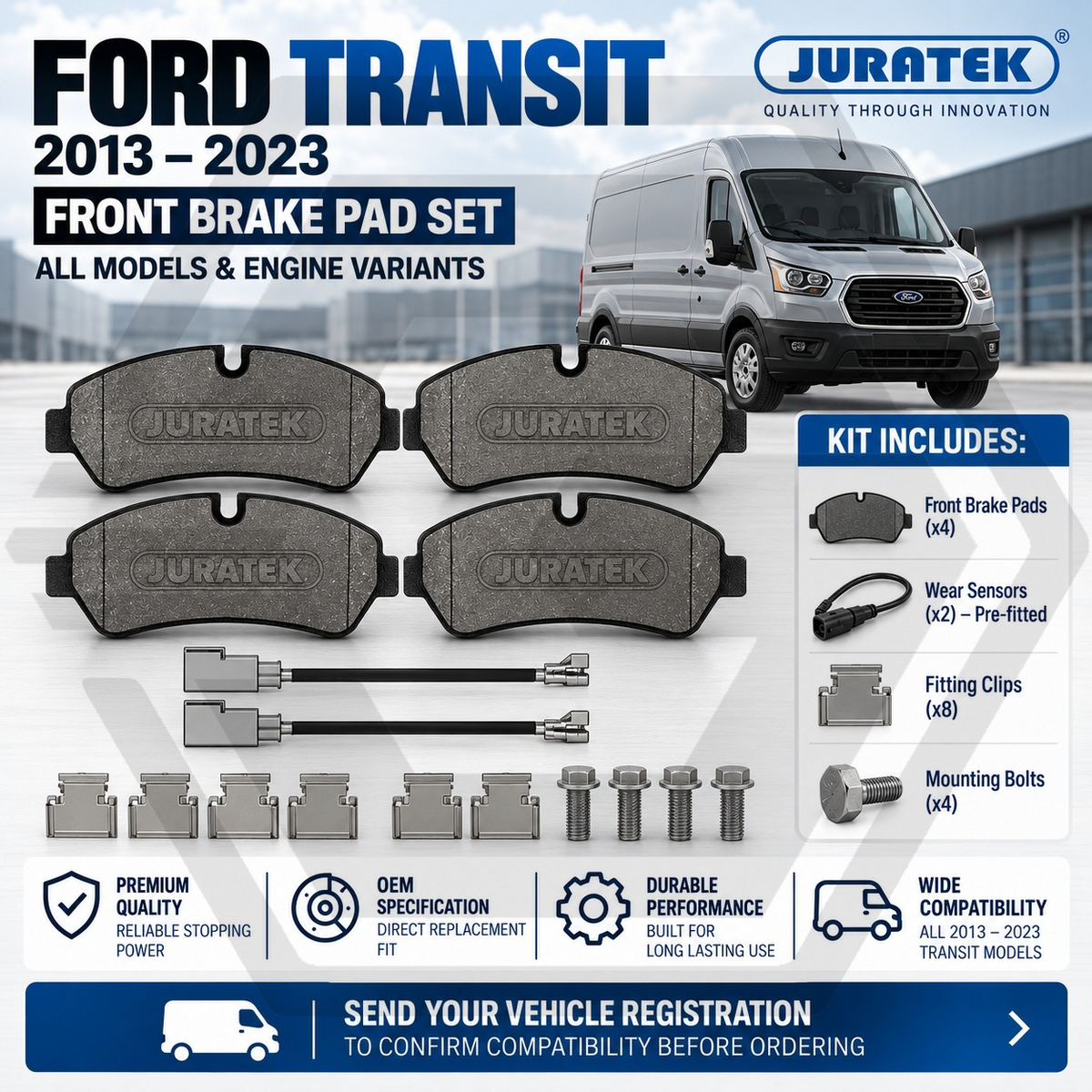 FORD TRANSIT 2.0 ECOBLUE 2013-2023 - FRONT BRAKE PADS WITH SENSORS & FITTINGS