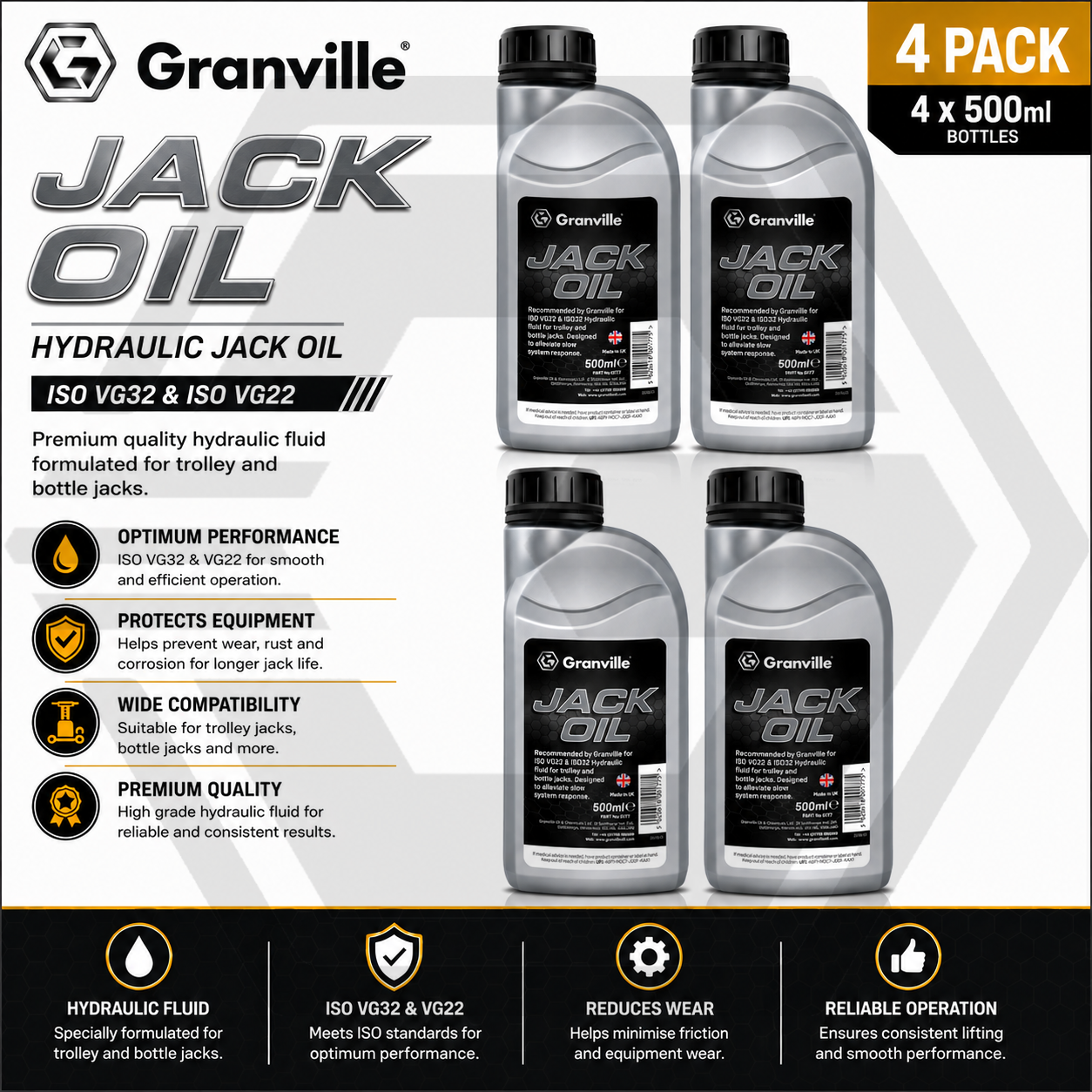 4 x GRANVILLE Hydraulic Jack Oil Fluid Trolley Bottle Compression Fluid - 500ml