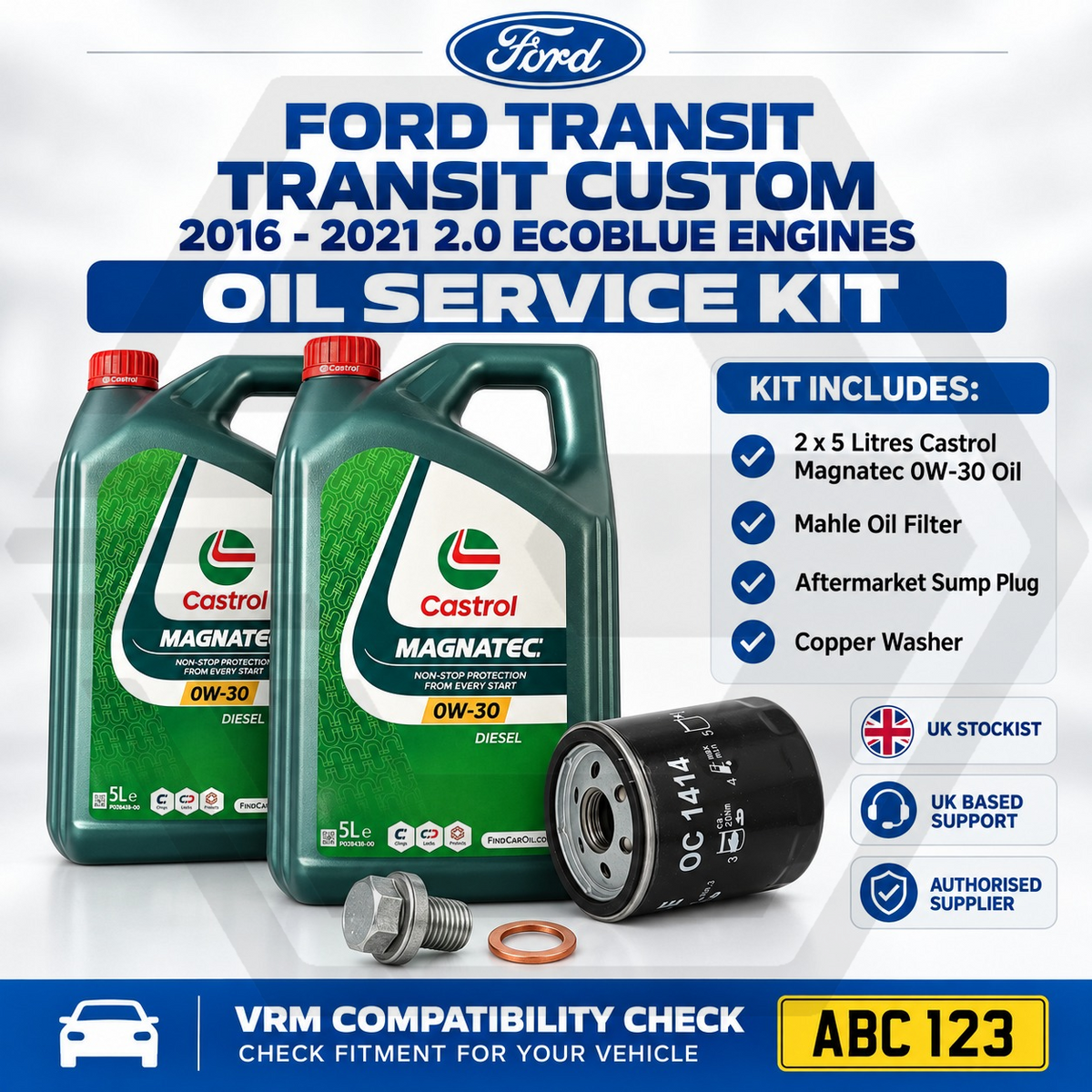 OE FORD TRANSIT 2016-2021 2.0L ECOBLUE Mahle Oil Service Kit + Castrol 0W30