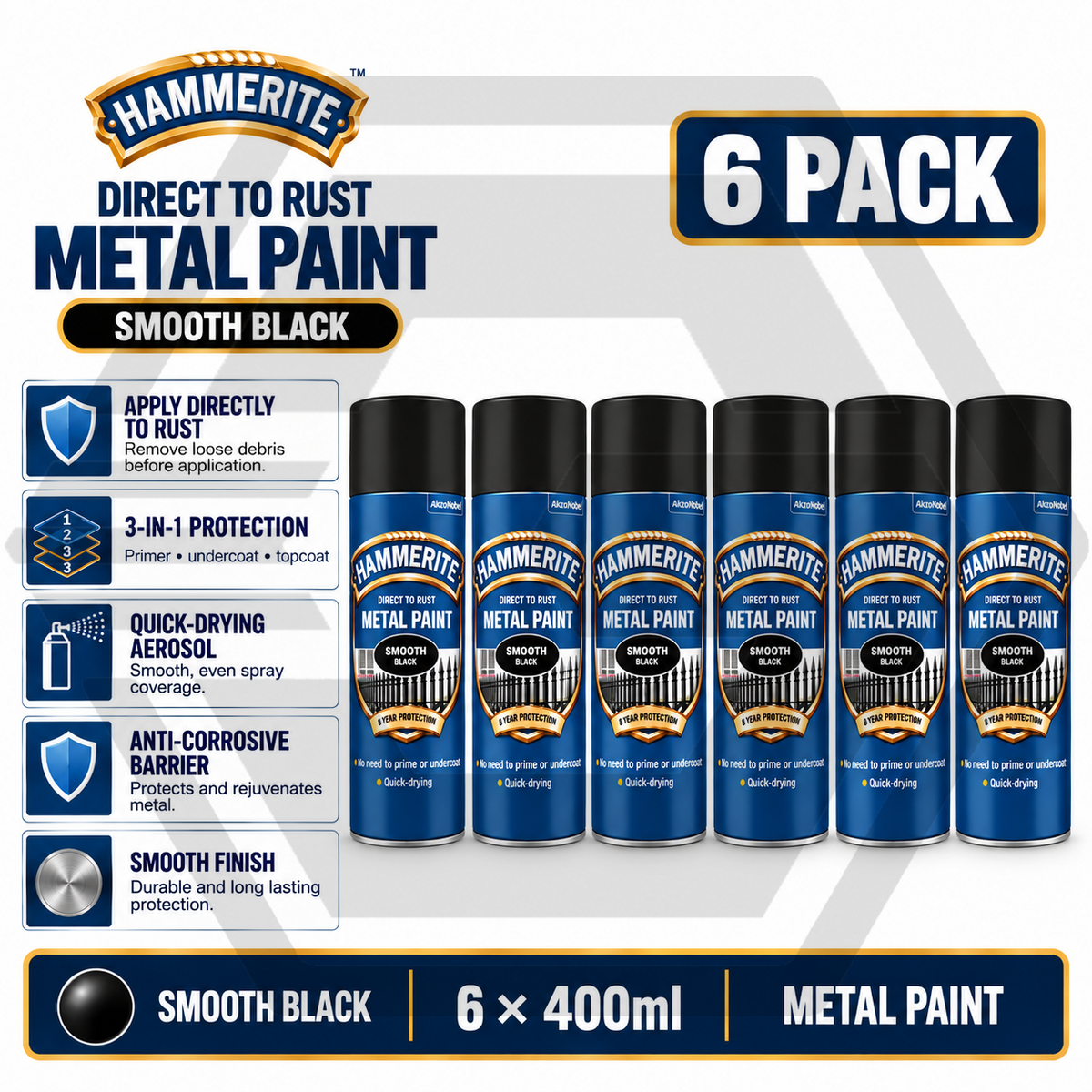 6 X HAMMERITE SMOOTH BLACK Aerosol - Direct to Rust - Metal Spray Paint 400ml