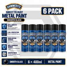 6 X HAMMERITE SMOOTH BLACK Aerosol - Direct to Rust - Metal Spray Paint 400ml