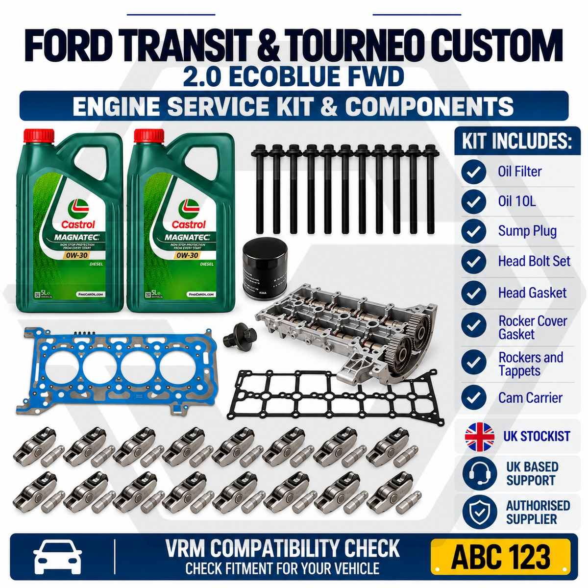 FORD TRANSIT 2.0 ECOBLUE - Oil Filter & 10L Oil + CAM Carrier Engine Rebuilt Kit