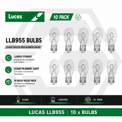 10 X LUCAS LLB955 Capless Clear Reverse Light Bulbs - 12V 6W W2.1x9.5d - BOXED