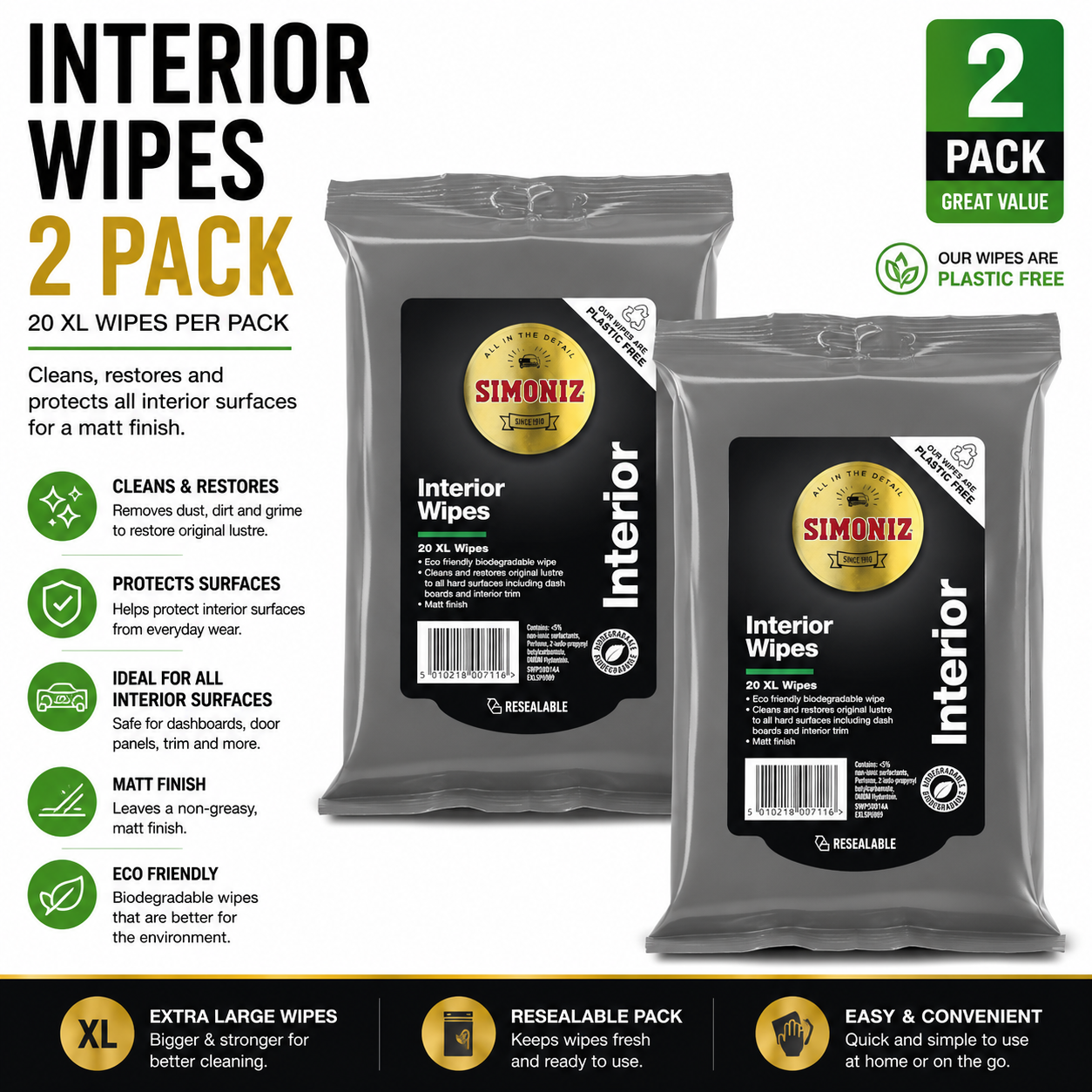2x Simoniz Car Interior Dashboard Plastic Trim Eco XL Matt Cleaning Wipes