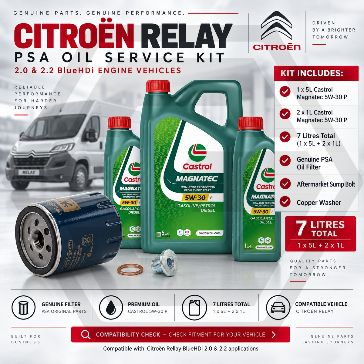 GENUINE CITROEN RELAY 2.0/2.2 BLUEHDI - Oil Service Kit + 7L Castrol 5W30 STL