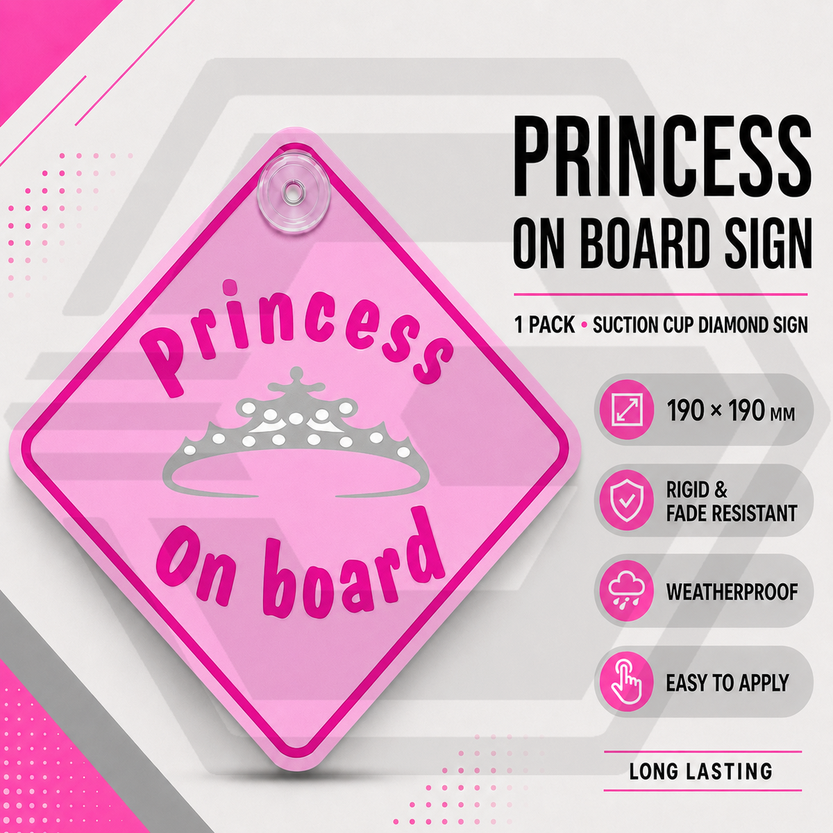 PRINCESS ON BOARD - Pink Girls Car Window Suction Sign - Baby On Board NEW