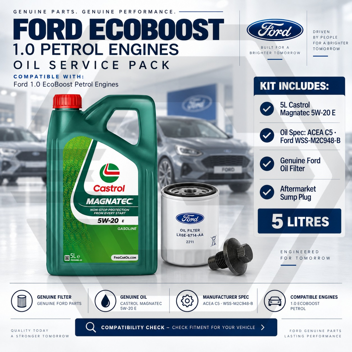GENUINE FORD FIESTA 1.0 ECOBOOST 2012-2023 OIL FILTER + CASTROL 5W20 OIL SERVICE