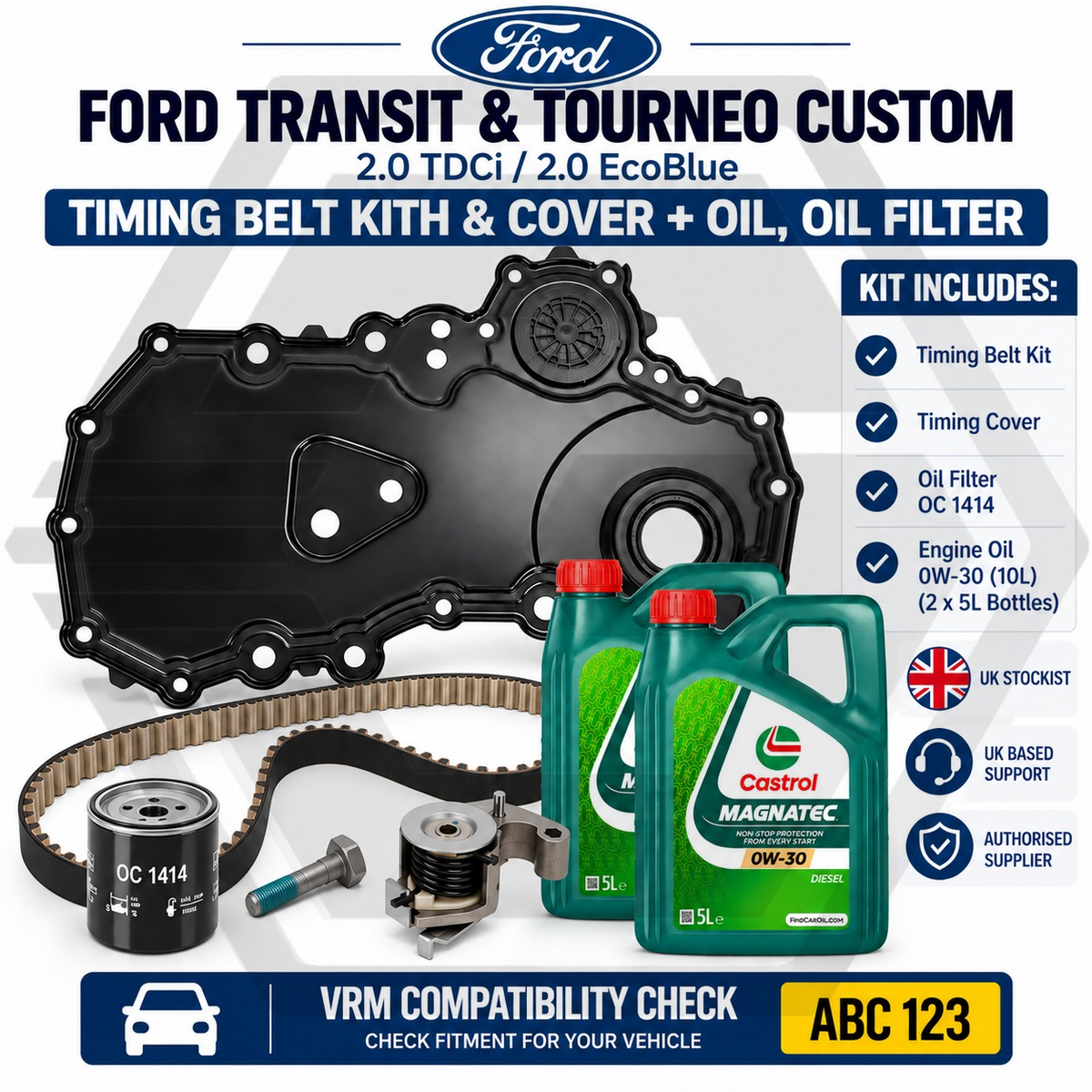 Timing Belt Kit & Cover With Oil + Oil Filter - Fits FORD TRANSIT CUSTOM 2.0 ECO