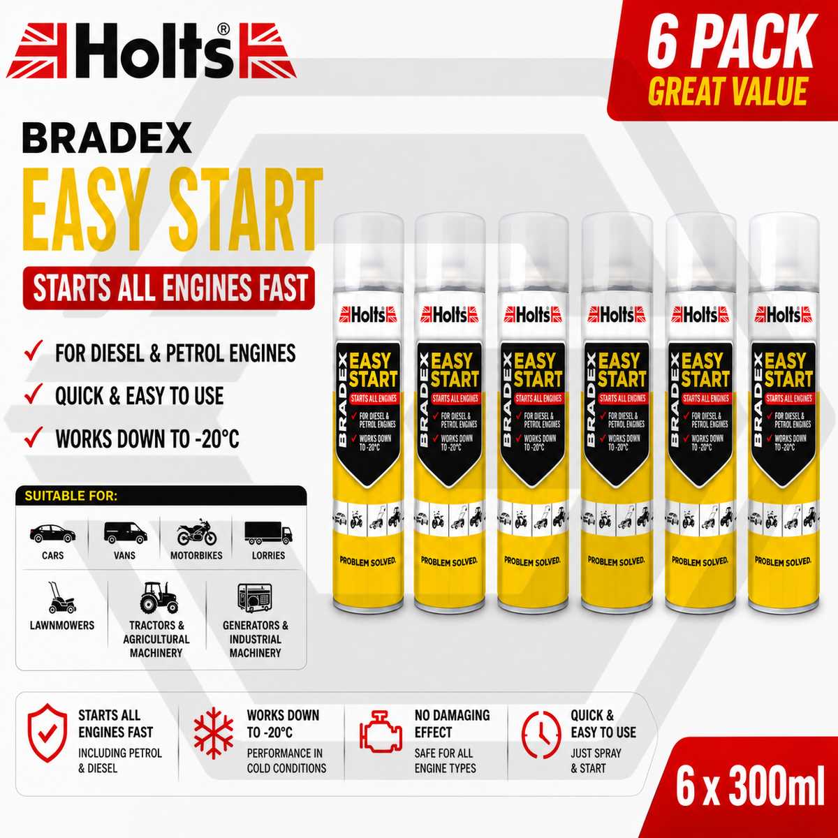 6 HOLTS BRADEX EASY START For Petrol & Diesel Engines Cold Starting Spray 300ML