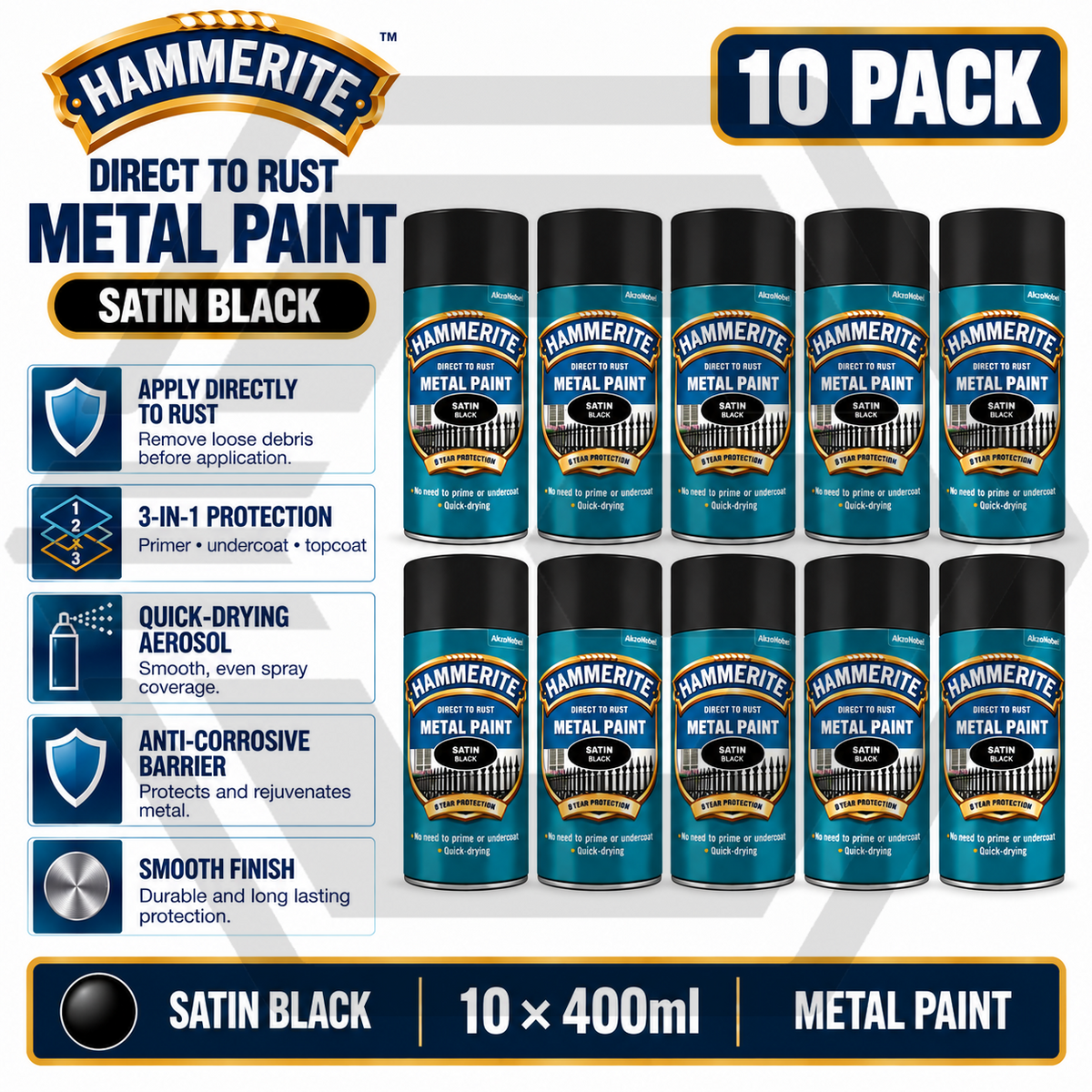 10 X HAMMERITE SATIN BLACK Aerosol - Direct to Rust - Metal Spray Paint 400ml