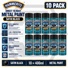 10 X HAMMERITE SATIN BLACK Aerosol - Direct to Rust - Metal Spray Paint 400ml