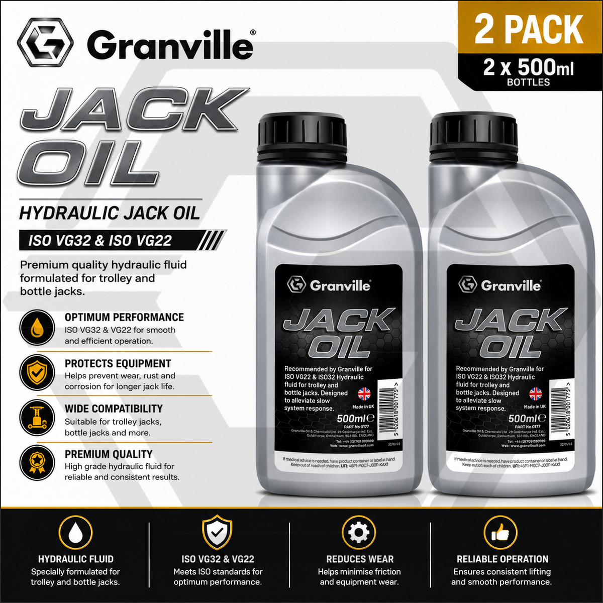 2 x GRANVILLE Hydraulic Jack Oil Fluid Trolley Bottle Compression Fluid - 500ml