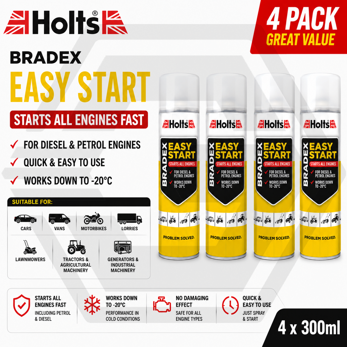 4 HOLTS BRADEX EASY START for Petrol & Diesel Engines Cold Starting Spray 300ml