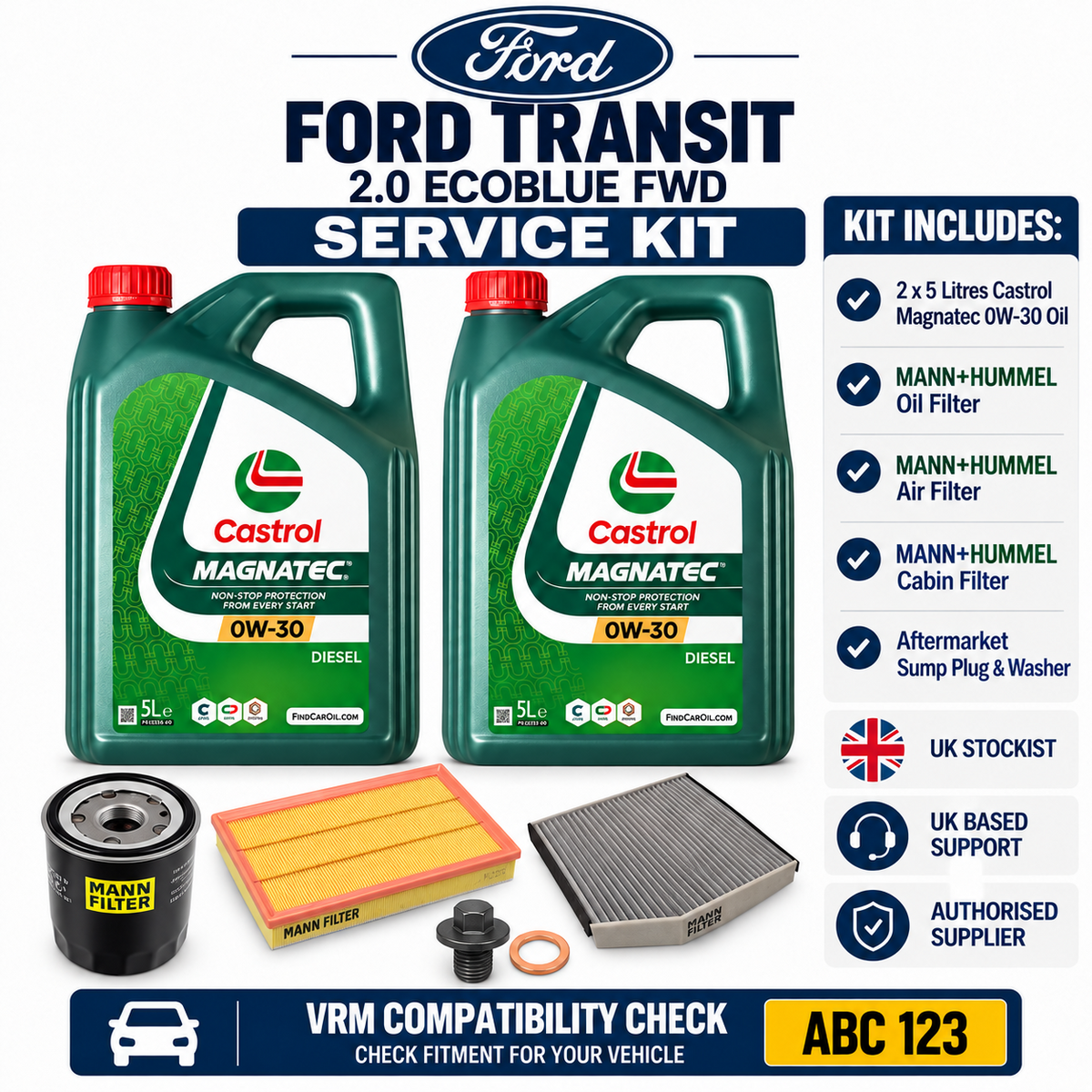 FORD TRANSIT 2016-2021 2.0L EcoBlue MANN FILTERS + GENUINE CASTROL 0W30 OIL