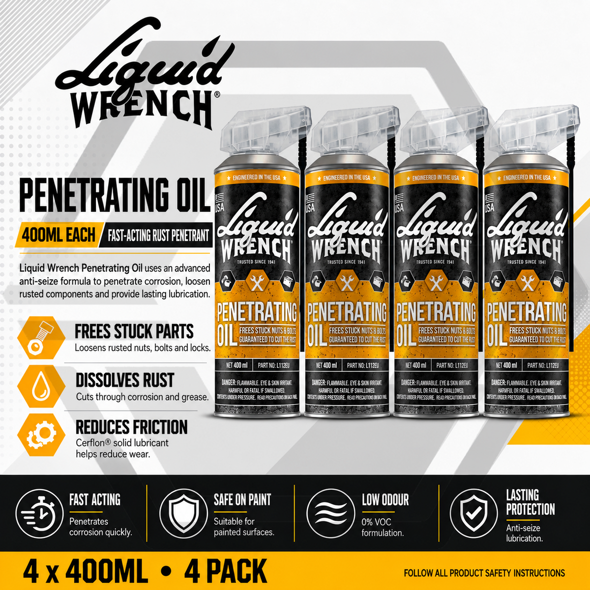 4 x LIQUID WRENCH PENETRATING OIL Aerosol Smart Straw 400ml Frees Nuts & Bolts