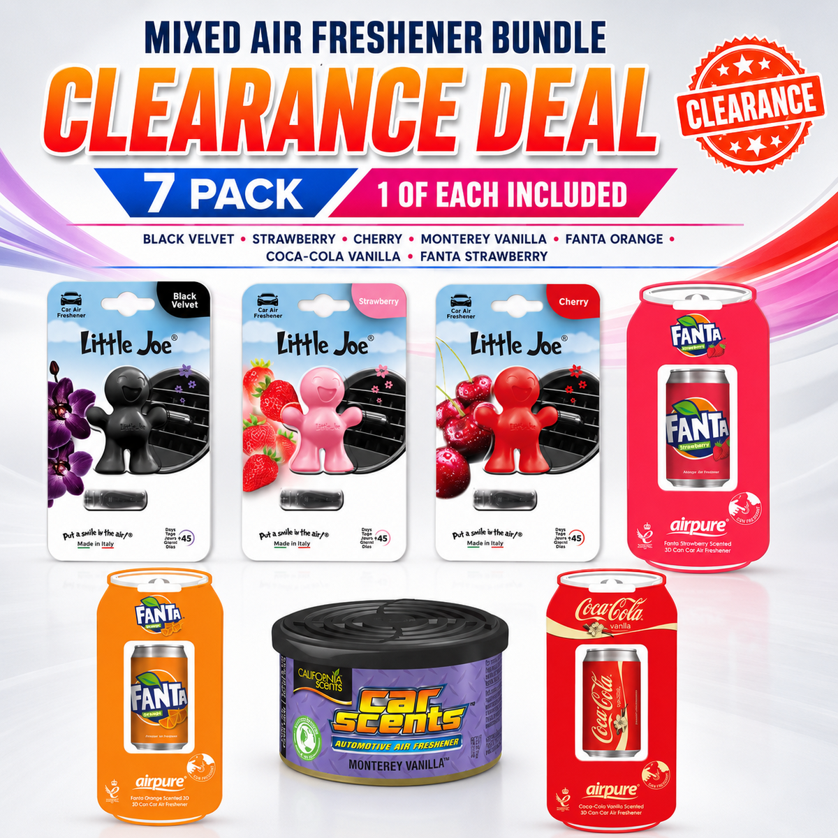 7 x Car Air Freshener Bundle Mix Pack - LITTLE JOE, FANTA, COLA, VANILLA - SALE