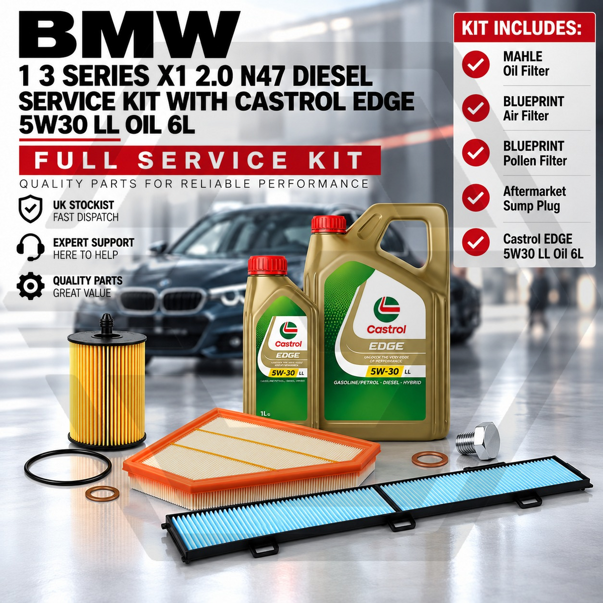 BMW 1 3 SERIES X1 2.0 N47 DIESEL SERVICE KIT WITH CASTROL EDGE 5W30 LL OIL 6L