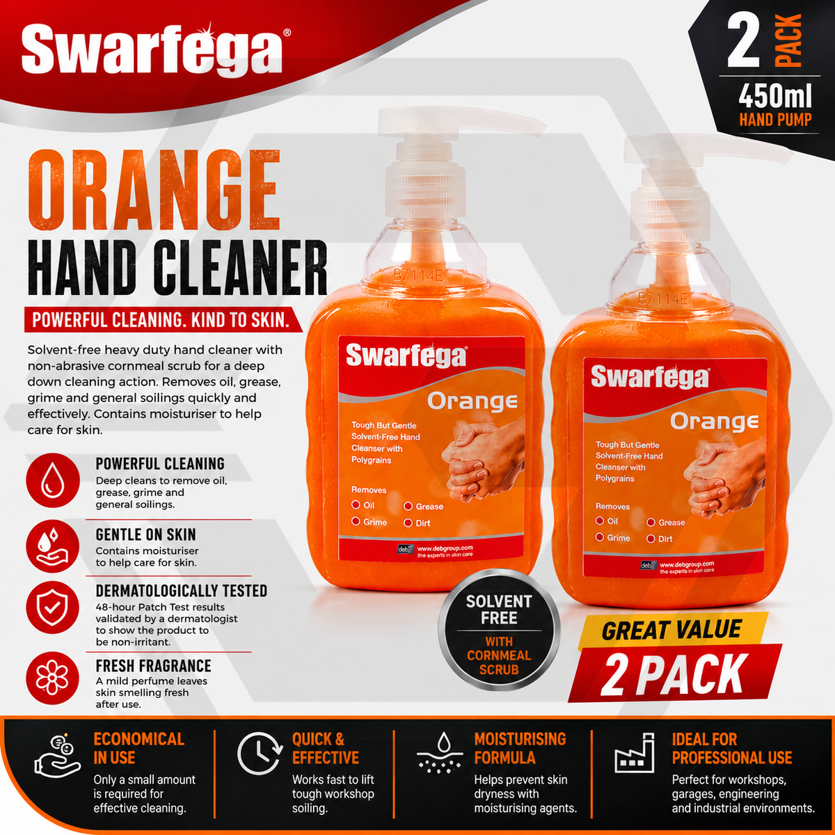 2 X SWARFEGA Orange Hand Cleaner 450ml - Solvent-Free Heavy Duty Hand Wash