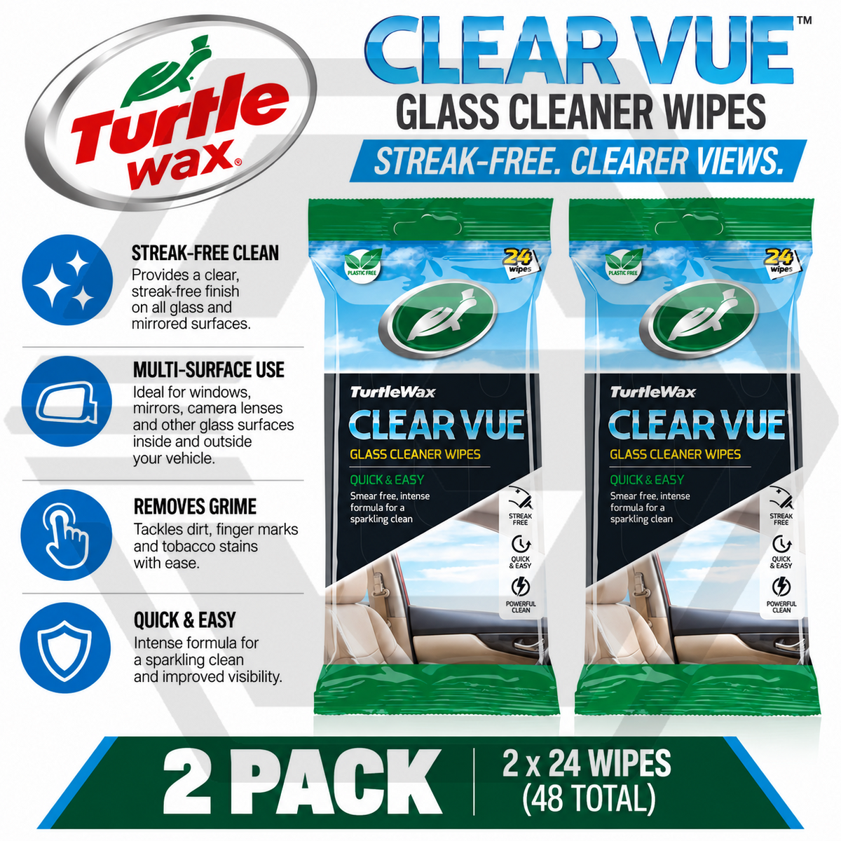 2 x Turtle Wax ClearVue Glass Cleaner Wipes Quick & Easy Streak Free Glass Wipes