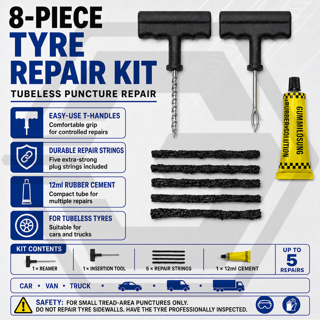 TYRE PUNCTURE REPAIR KIT 8 PIECE - Emergency Tire Plug Tool CAR, VAN, MOTORCYCLE
