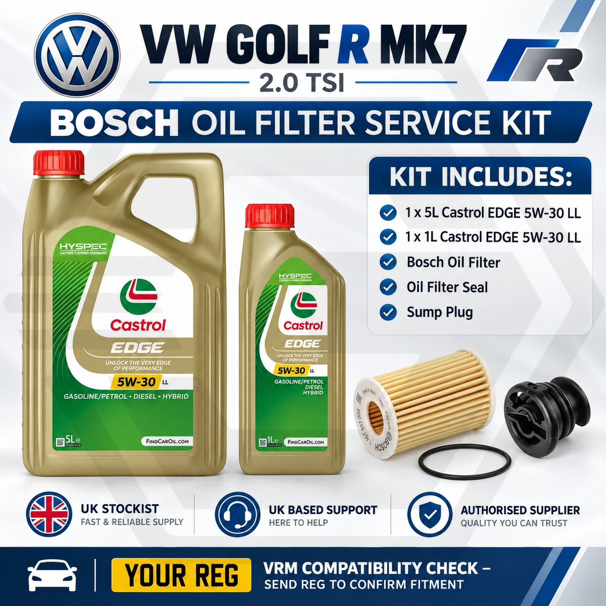 VW Golf R GTI MK7 2.0  BOSCH Oil Filter Service Kit + 6L Castrol 5W30 Engine Oil