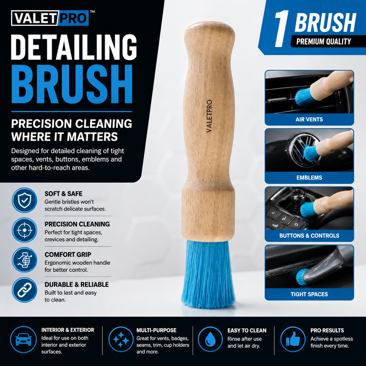 VALETPRO CHEMICAL RESISTANT DETAILING BRUSH WOODEN HANDLE BLUE TIP WHEELS PARTS