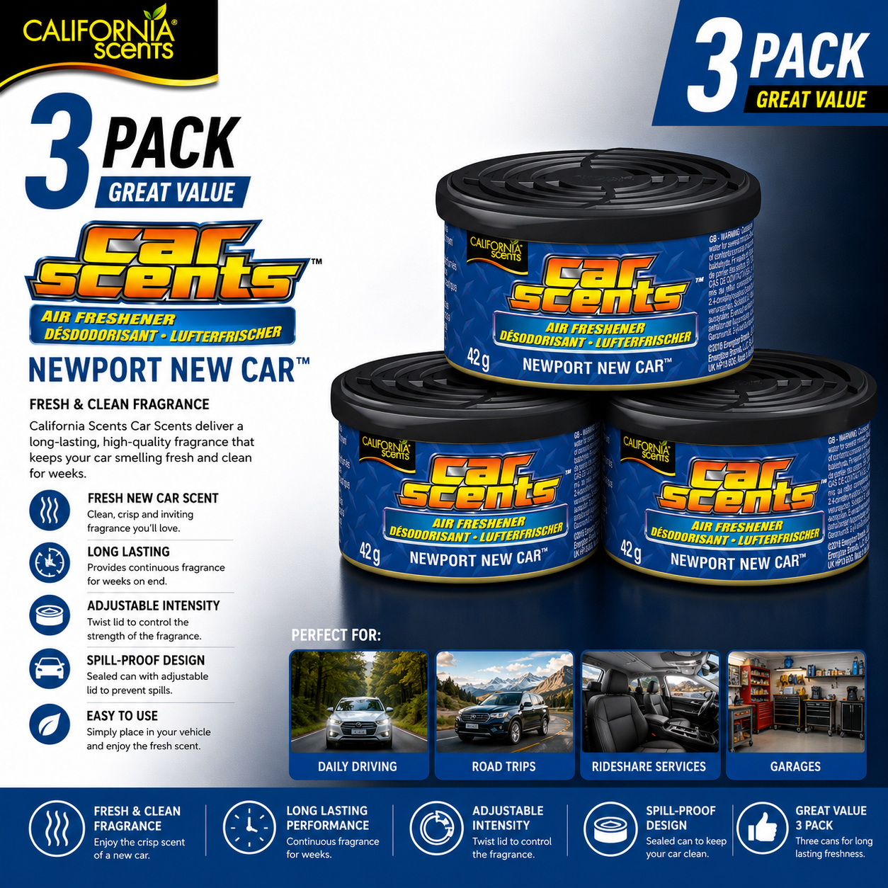 3 Pack California Scents Newport New Car & Home Organic Scent Air freshener Can