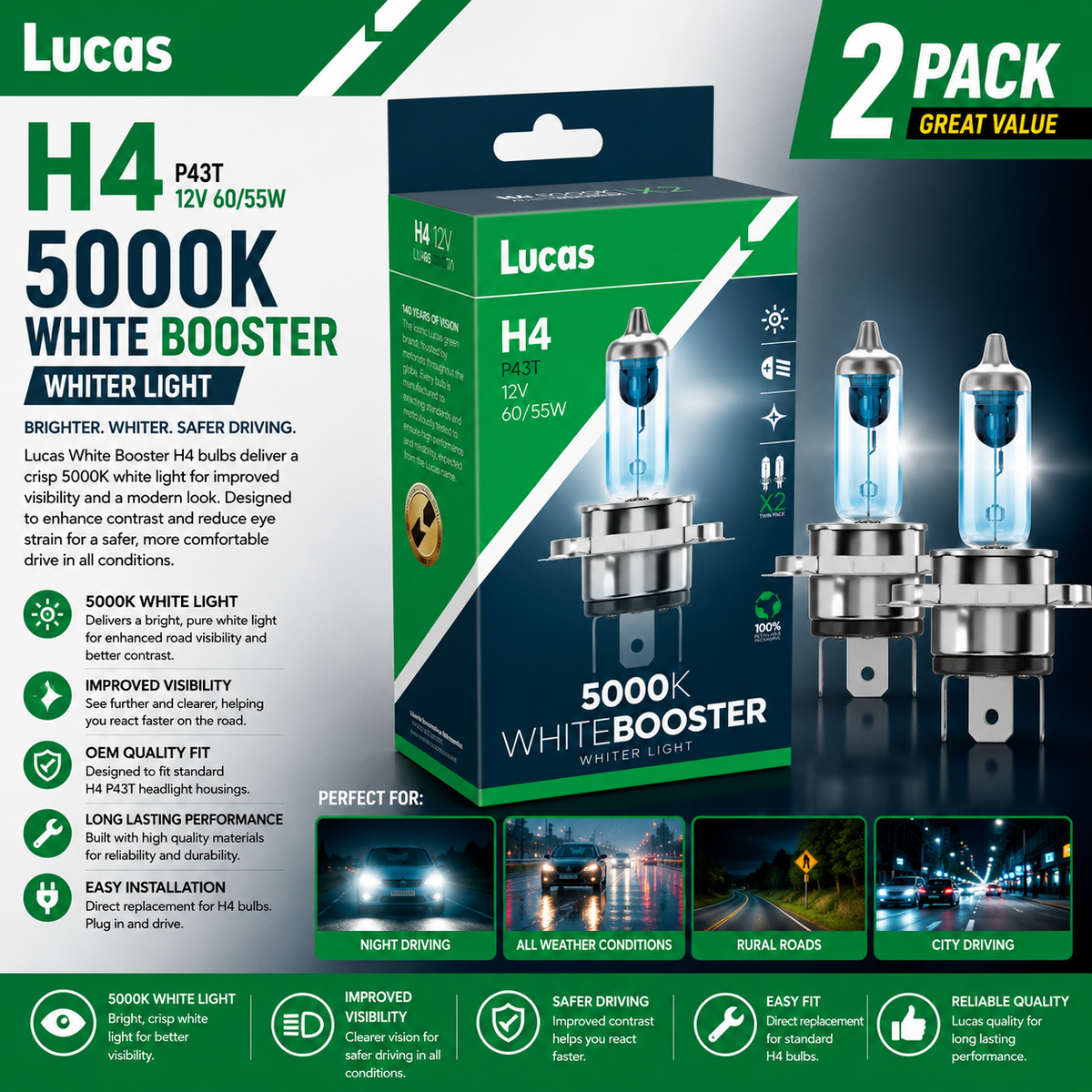 LUCAS H4 Headlamp Bulbs WhiteBooster 5000k Whiter Light Upgrade 12V 55W Halogen