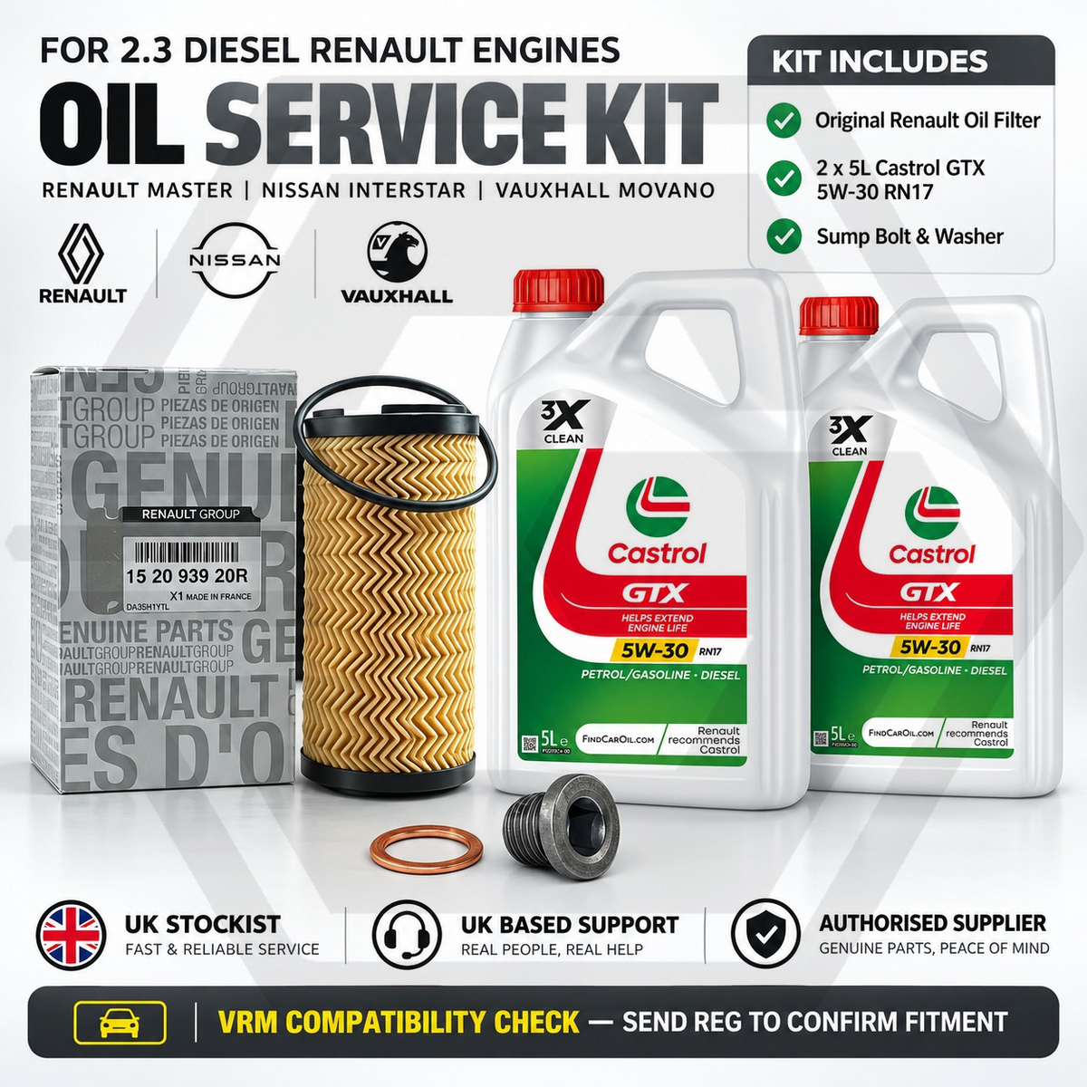 Renault MASTER MOVANO 2.3 dCi Genuine Oil Service Kit Castrol GTX 5W-30 RN17 10L