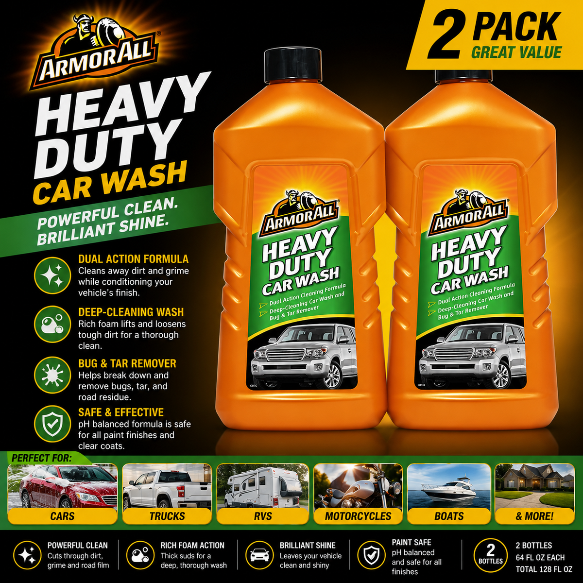 2 x ArmorAll Heavy Duty Car Wash Shampoo Cleaning Formula Bug & Tar Remover 1L