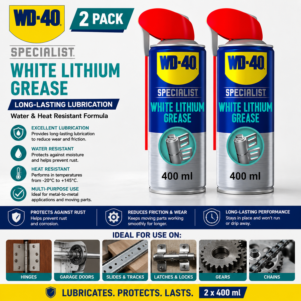 2x WD-40 Specialist White Lithium Grease Spray 400ml Weather Protection 44391